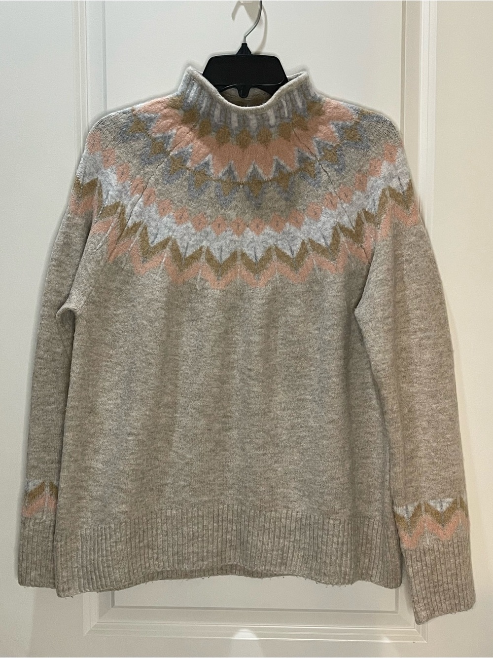 CeCe Fair Isle Knit Sweater Tan Pink Blue M